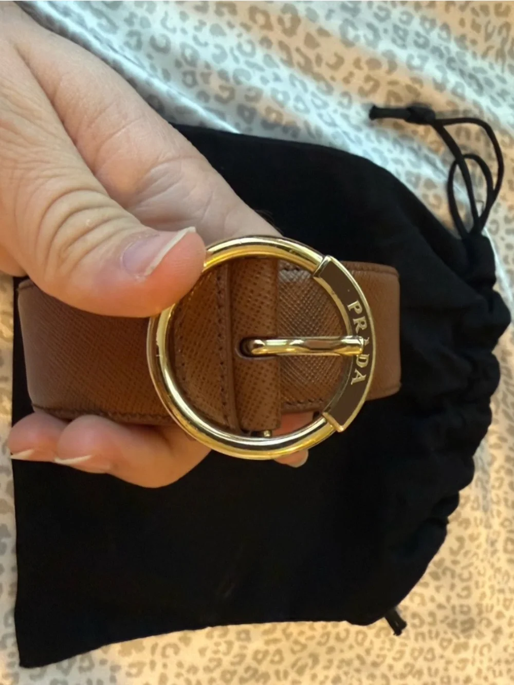 Prada Tan Saffiano Leather Belt with Gold Round Logo Buckle